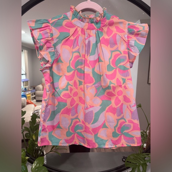 THML Tops - THML Floral Ruffle Sleeve Top in Pink, Green, Lavender